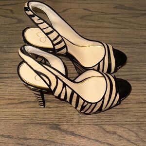 Jessica Simpson Black and Cream Zebra Slingback Peep-Toe Heels